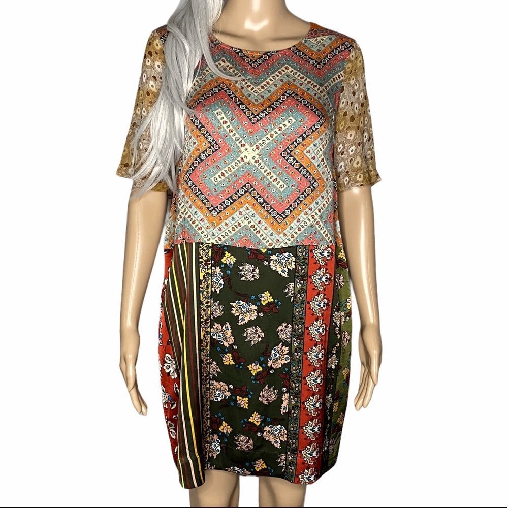 Anthro Tiny Patchwork Tunic Boho Silk Shirt Dress Size XS